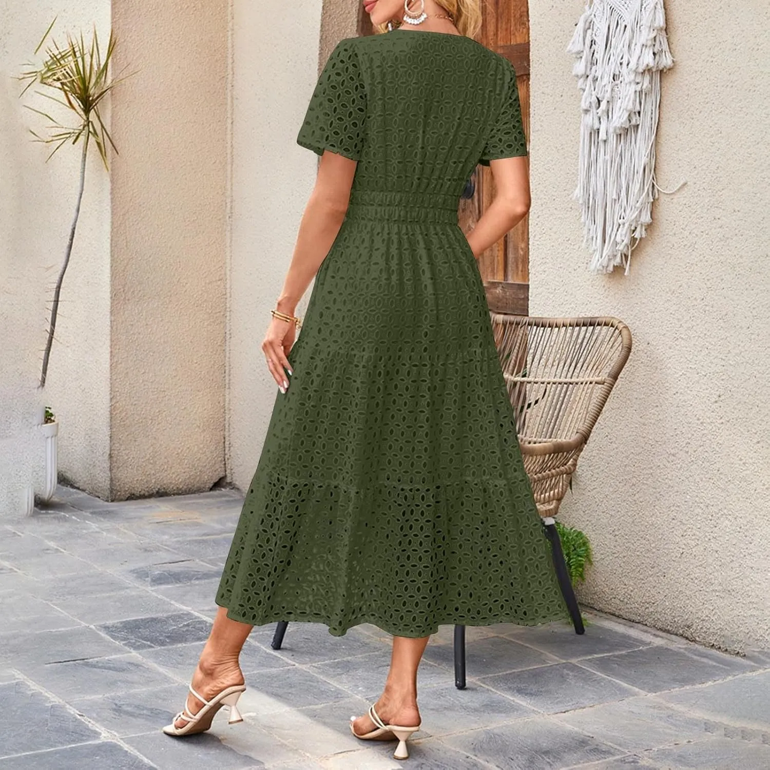 Borniu Womens 2025 Summer Maxi Dress Short Sleeve V Neck Hollow Out Eyelet A Line Long Flowy Swing Beach Vacation Dresses