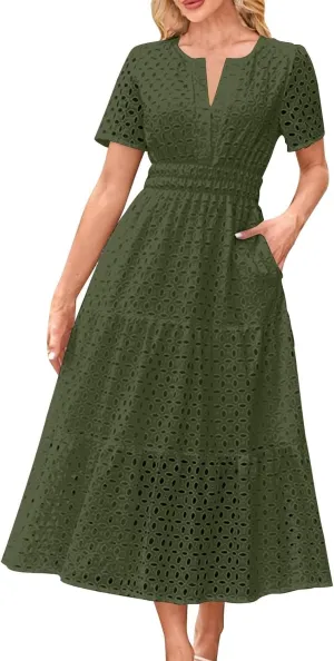 Borniu Womens 2025 Summer Maxi Dress Short Sleeve V Neck Hollow Out Eyelet A Line Long Flowy Swing Beach Vacation Dresses