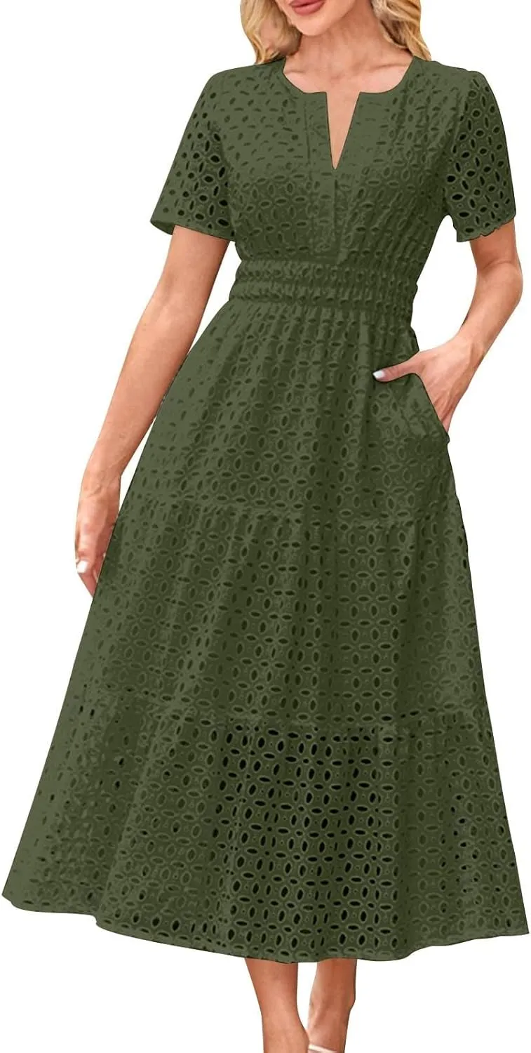 Borniu Womens 2025 Summer Maxi Dress Short Sleeve V Neck Hollow Out Eyelet A Line Long Flowy Swing Beach Vacation Dresses