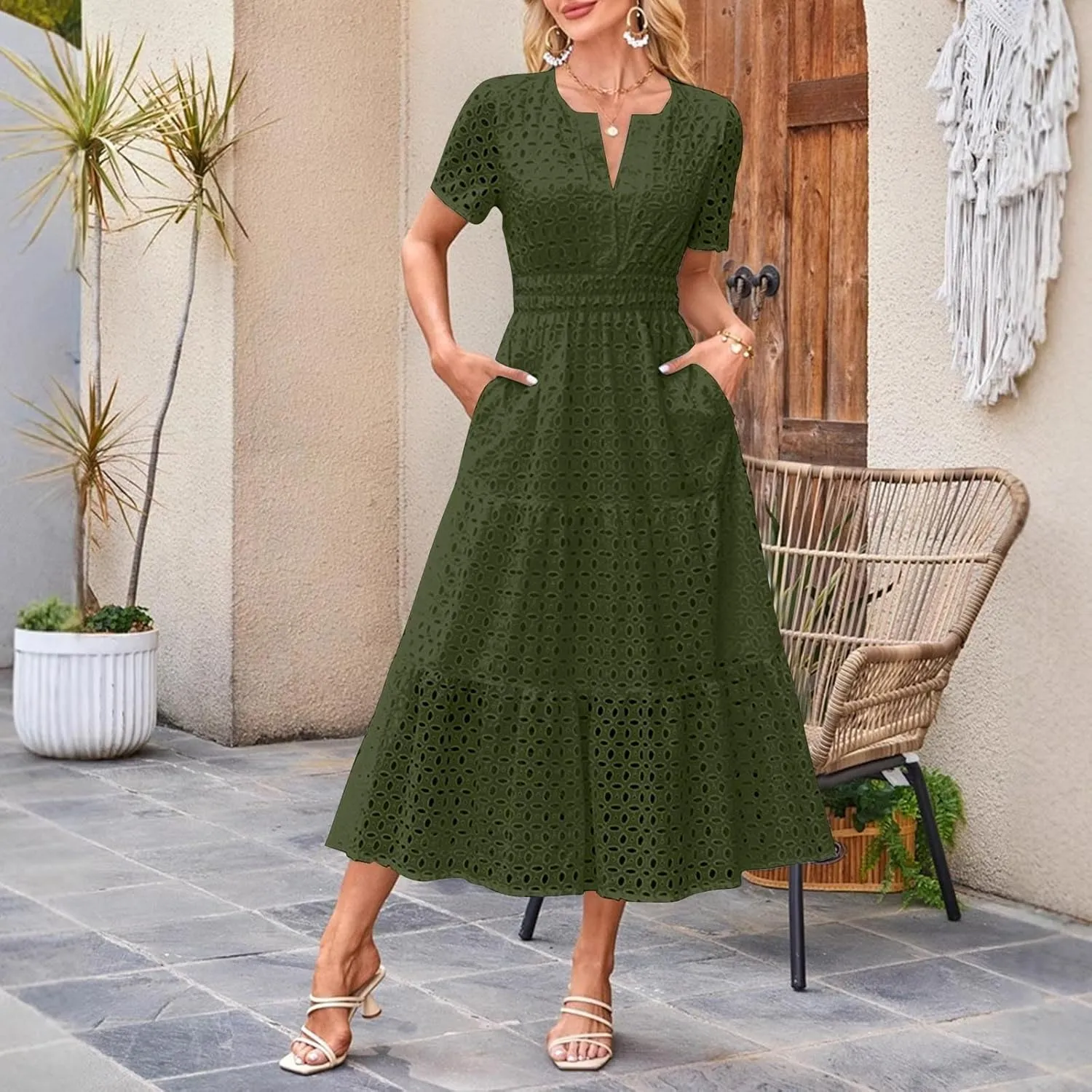 Borniu Womens 2025 Summer Maxi Dress Short Sleeve V Neck Hollow Out Eyelet A Line Long Flowy Swing Beach Vacation Dresses
