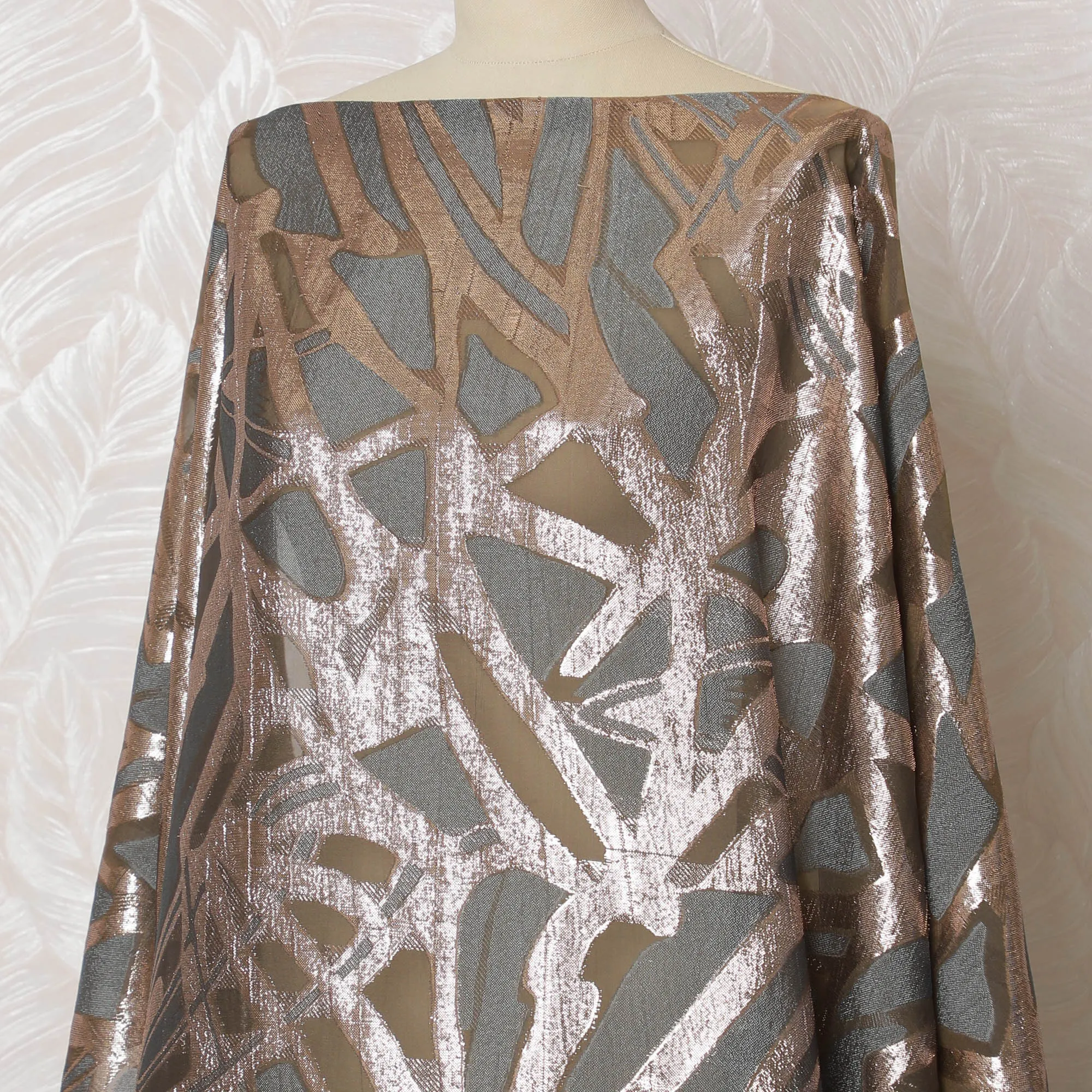 Bronze French Silk Chiffon Fabric with Silver Metallic Lurex, Traditional Somali Dirac - 140 cm Width, 3.5 Meters-D20138