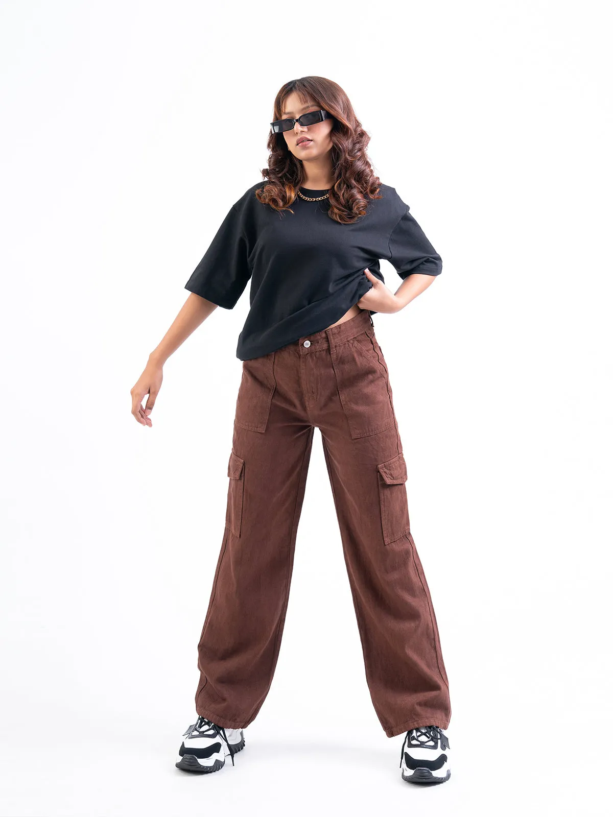 Brown High Waist Wide Leg Denim Cargo