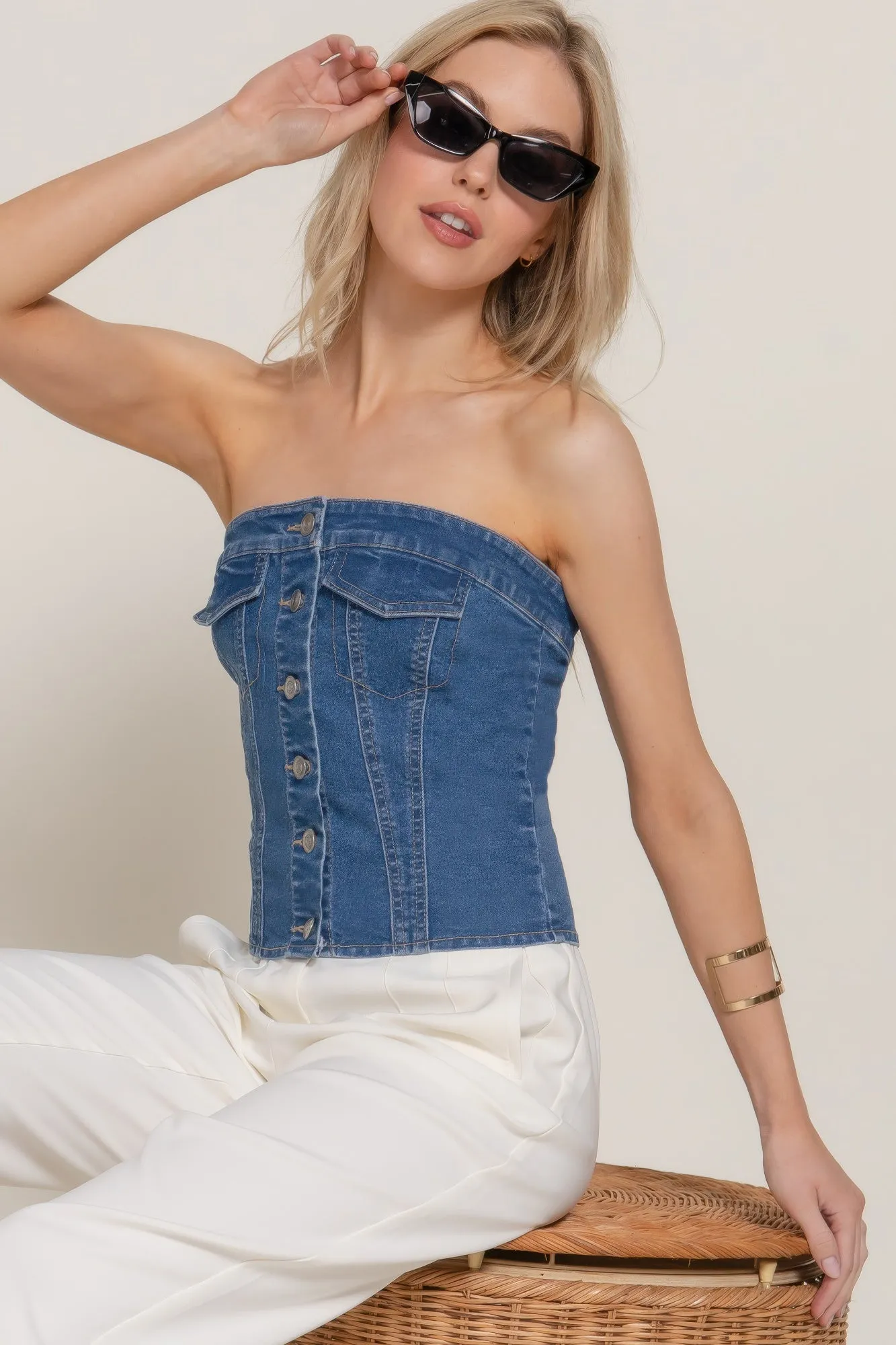 Button Down Placket Stretch Denim Tube Top
