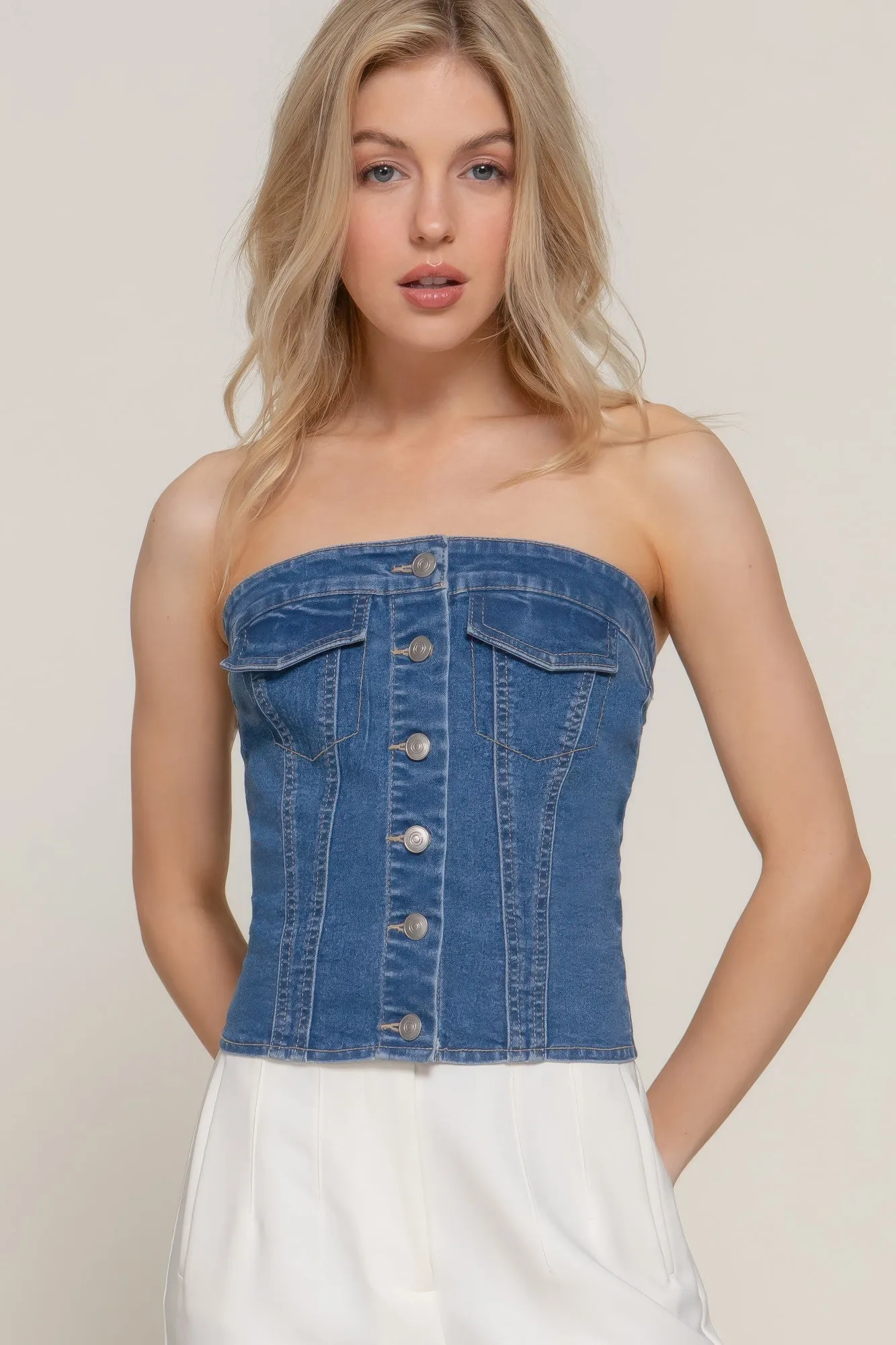 Button Down Placket Stretch Denim Tube Top