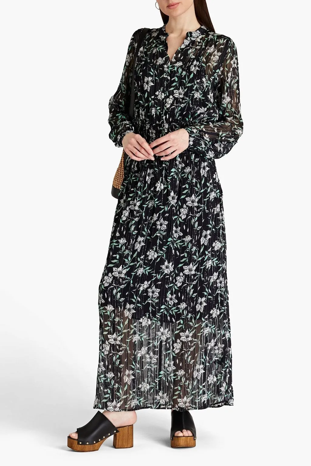 Calista Smocked Chiffon Maxi Dress with Metallic Floral Print RAG & BONE ,  black