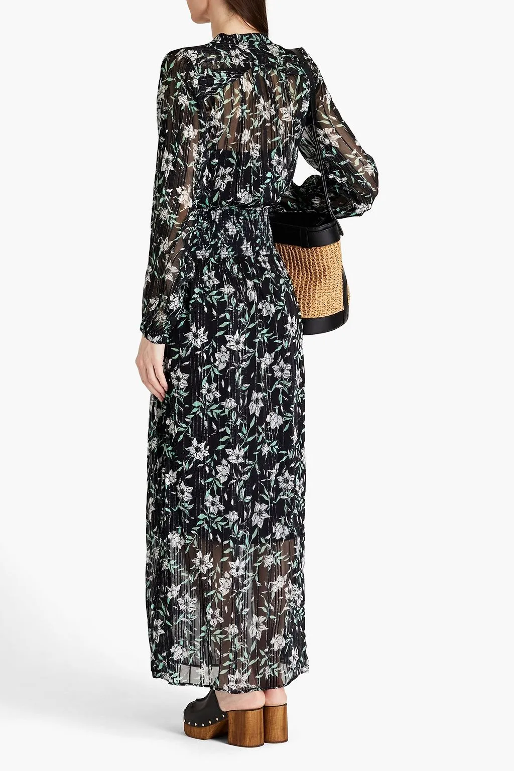 Calista Smocked Chiffon Maxi Dress with Metallic Floral Print RAG & BONE ,  black