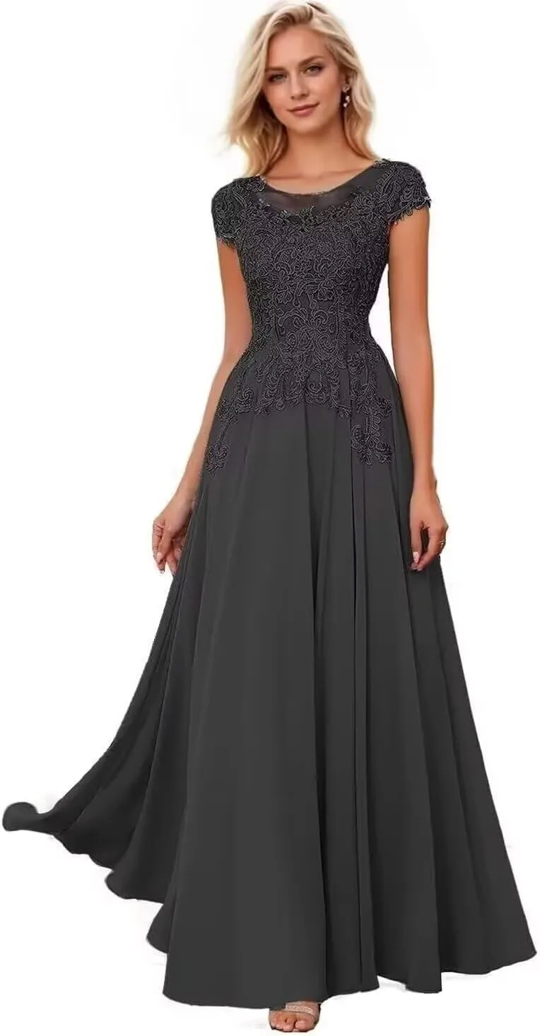 Cap Sleeves Mother of The Bride Dresses for Women Lace Applique Scoop Neck Mother of The Bride Dress for Wedding