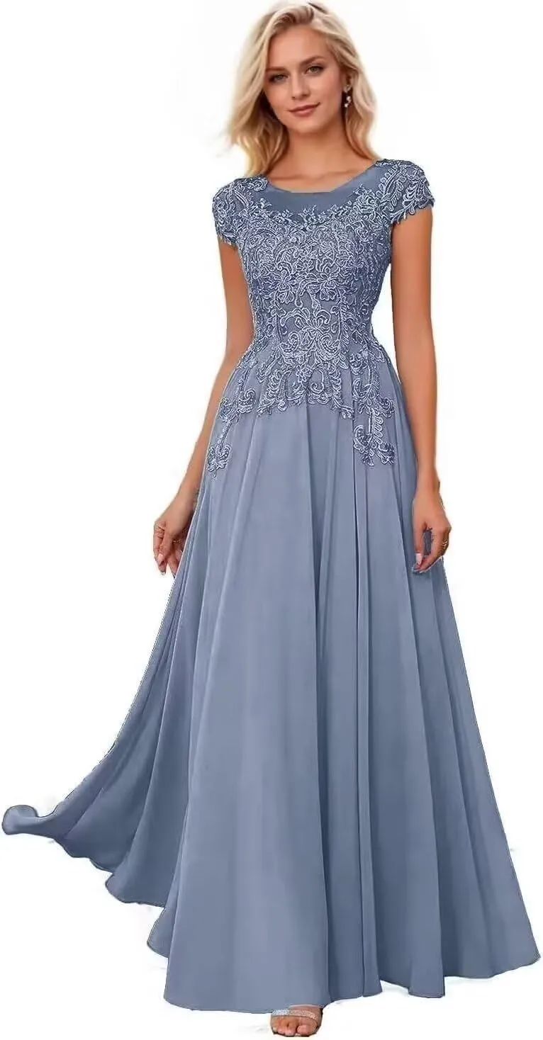 Cap Sleeves Mother of The Bride Dresses for Women Lace Applique Scoop Neck Mother of The Bride Dress for Wedding