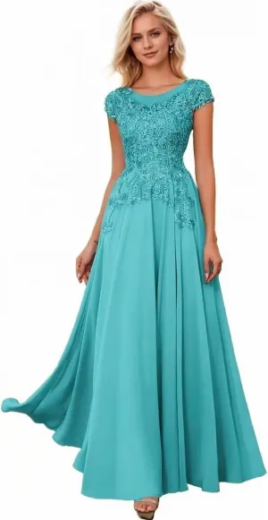 Cap Sleeves Mother of The Bride Dresses for Women Lace Applique Scoop Neck Mother of The Bride Dress for Wedding