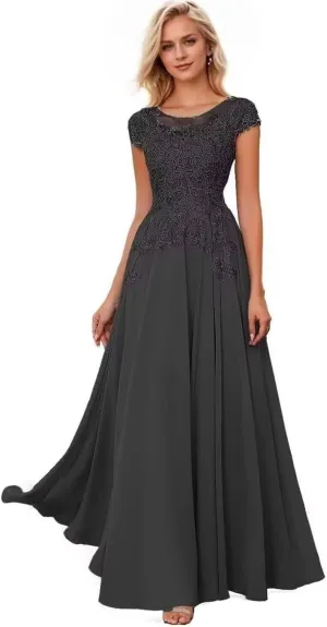 Cap Sleeves Mother of The Bride Dresses for Women Lace Applique Scoop Neck Mother of The Bride Dress for Wedding