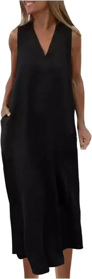 Casual Cotton Linen Tank Dresses for Women Summer Beach Sundress Loose Fit V Neck Sleeveless Long Maxi Dress with Pockets