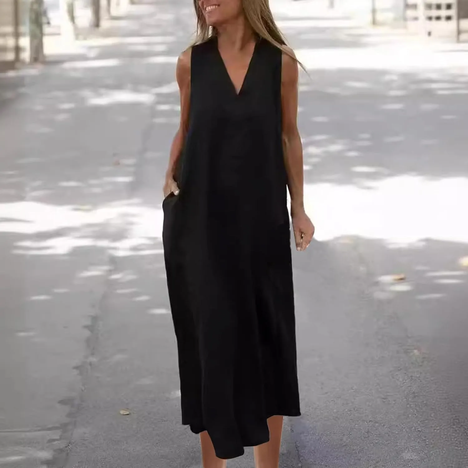 Casual Cotton Linen Tank Dresses for Women Summer Beach Sundress Loose Fit V Neck Sleeveless Long Maxi Dress with Pockets