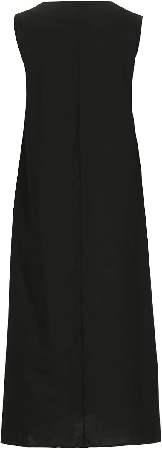 Casual Cotton Linen Tank Dresses for Women Summer Beach Sundress Loose Fit V Neck Sleeveless Long Maxi Dress with Pockets