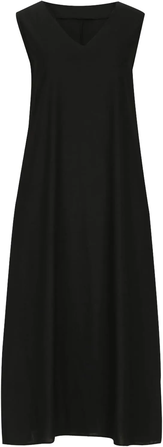 Casual Cotton Linen Tank Dresses for Women Summer Beach Sundress Loose Fit V Neck Sleeveless Long Maxi Dress with Pockets