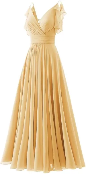 Chiffon Ruffle Sleeve Bridesmaid Dresses Long for Women 2025 V-Neck Spaghetti Straps Formal Wedding Guest Ball Gowns