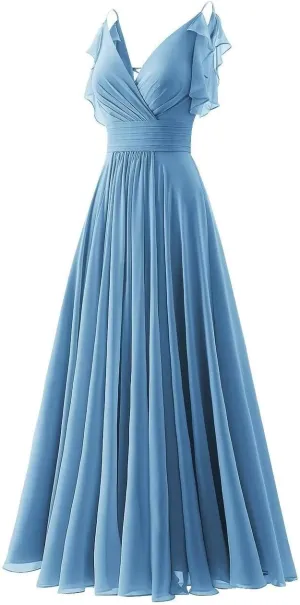 Chiffon Ruffle Sleeve Bridesmaid Dresses Long for Women 2025 V-Neck Spaghetti Straps Formal Wedding Guest Ball Gowns