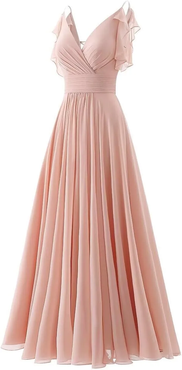Chiffon Ruffle Sleeve Bridesmaid Dresses Long for Women 2025 V-Neck Spaghetti Straps Formal Wedding Guest Ball Gowns