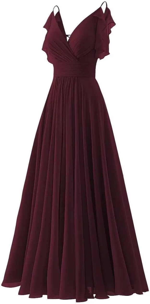 Chiffon Ruffle Sleeve Bridesmaid Dresses Long for Women 2025 V-Neck Spaghetti Straps Formal Wedding Guest Ball Gowns