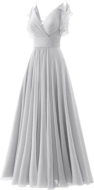 Chiffon Ruffle Sleeve Bridesmaid Dresses Long for Women 2025 V-Neck Spaghetti Straps Formal Wedding Guest Ball Gowns
