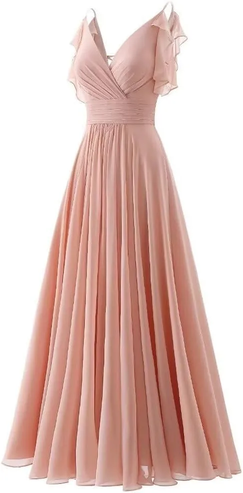 Chiffon Ruffle Sleeve Bridesmaid Dresses Long for Women 2025 V-Neck Spaghetti Straps Formal Wedding Guest Ball Gowns