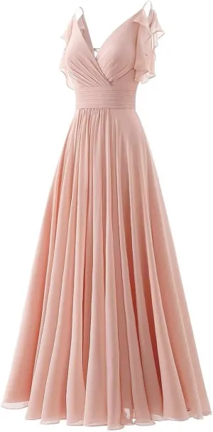 Chiffon Ruffle Sleeve Bridesmaid Dresses Long for Women 2025 V-Neck Spaghetti Straps Formal Wedding Guest Ball Gowns