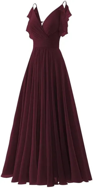 Chiffon Ruffle Sleeve Bridesmaid Dresses Long for Women 2025 V-Neck Spaghetti Straps Formal Wedding Guest Ball Gowns