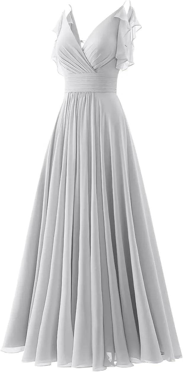 Chiffon Ruffle Sleeve Bridesmaid Dresses Long for Women 2025 V-Neck Spaghetti Straps Formal Wedding Guest Ball Gowns