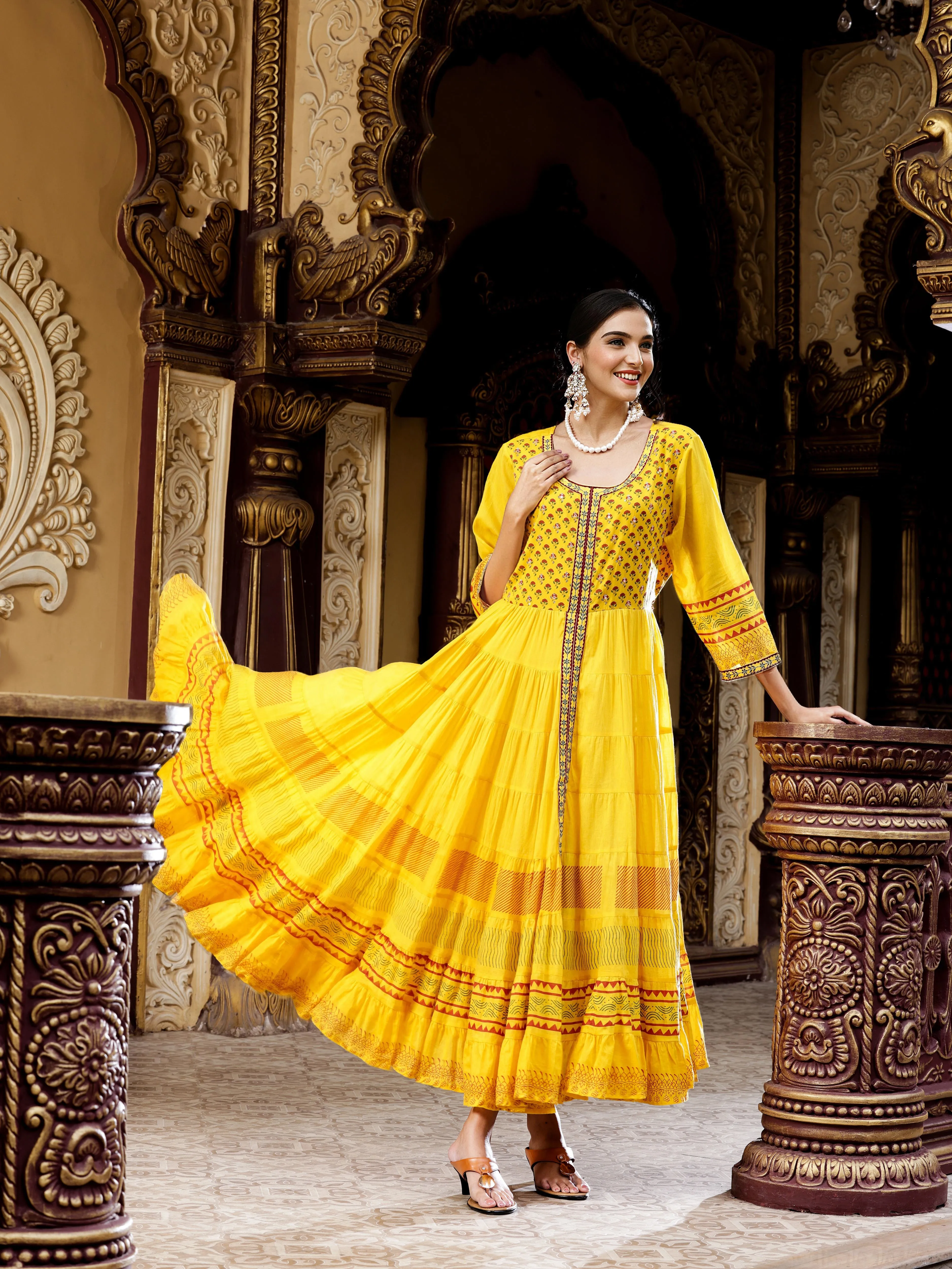 Cotton Mustard Ethnic Printed Tiered Flare Maxi Dress with tie-up