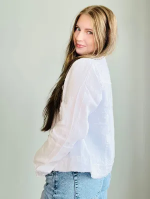 Cropped White Denim Jacket with Frayed Hem