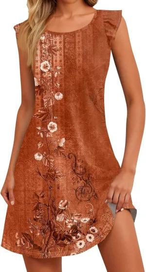 Cute Dresses for Women Spring Summer Floral Printed Crew Neck Ruffled Sleeves Midi Beach Sundress Loose Daily Dress