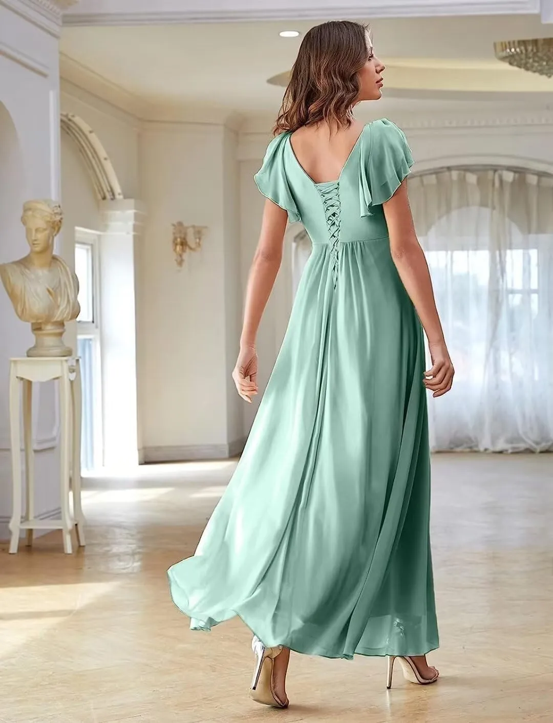 CWOAPO Chiffon Bridesmaid Dresses for Wedding 2025 V Neck Ruffles Short Sleeves Formal Evening Gowns with Slit