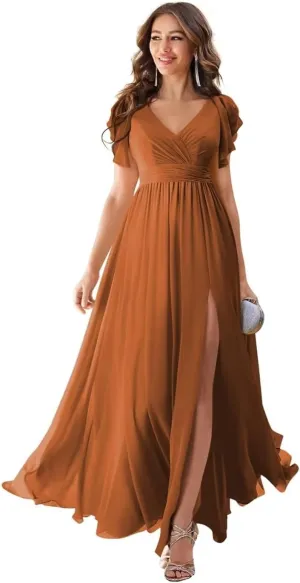 CWOAPO Chiffon Bridesmaid Dresses for Wedding 2025 V Neck Ruffles Short Sleeves Formal Evening Gowns with Slit
