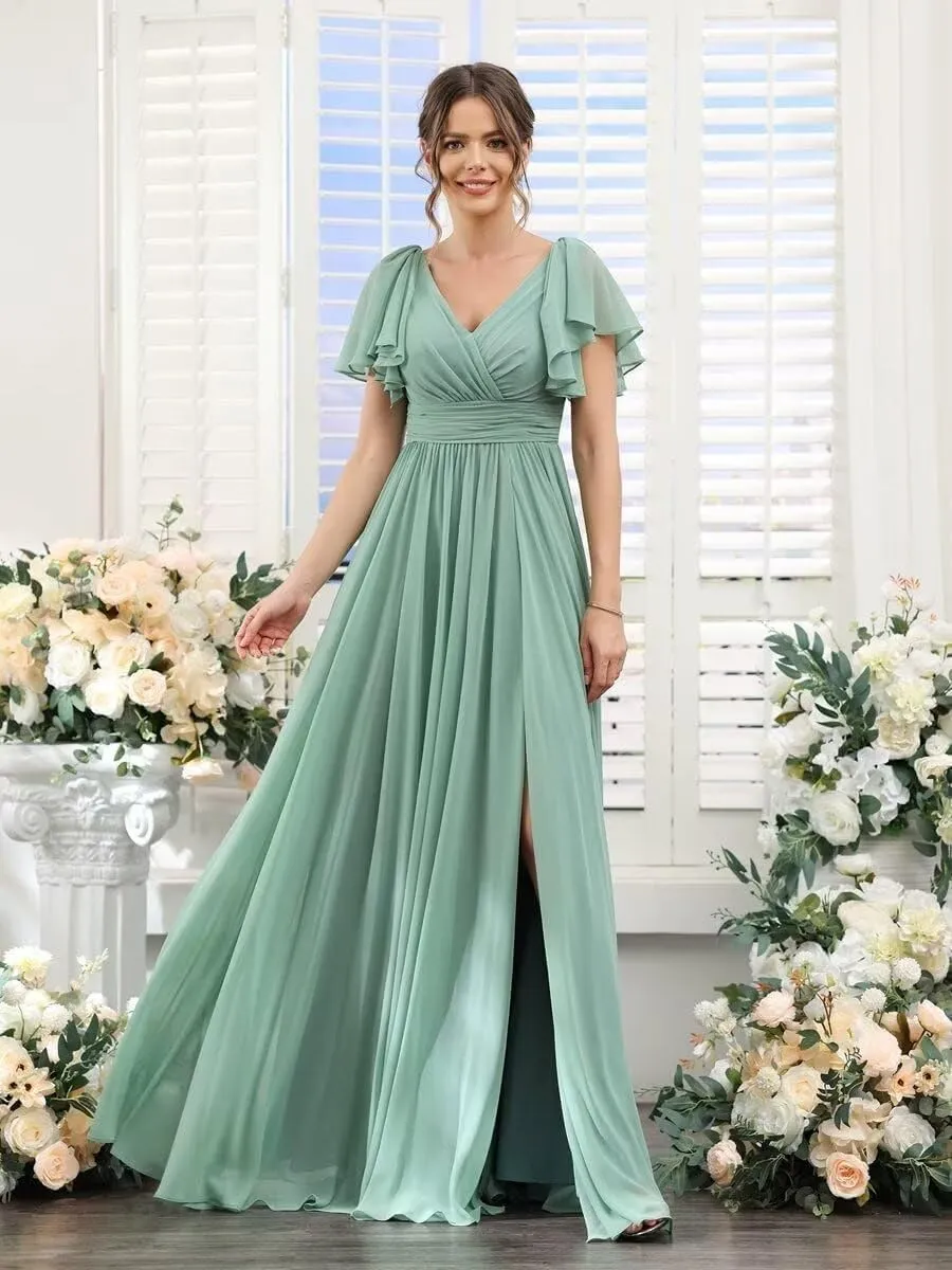 CWOAPO Chiffon Bridesmaid Dresses for Wedding 2025 V Neck Ruffles Short Sleeves Formal Evening Gowns with Slit