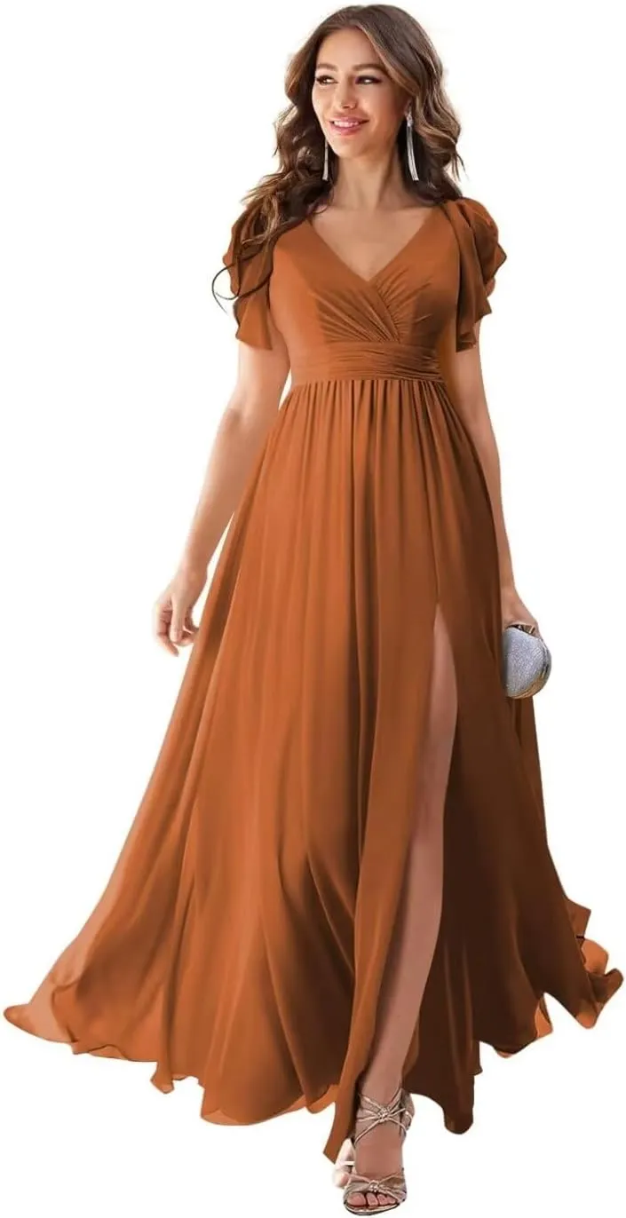 CWOAPO Chiffon Bridesmaid Dresses for Wedding 2025 V Neck Ruffles Short Sleeves Formal Evening Gowns with Slit