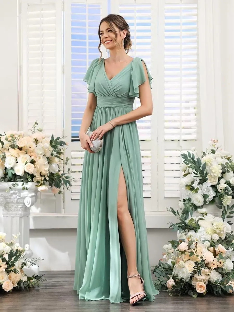 CWOAPO Chiffon Bridesmaid Dresses for Wedding 2025 V Neck Ruffles Short Sleeves Formal Evening Gowns with Slit