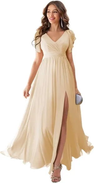 CWOAPO Chiffon Bridesmaid Dresses for Wedding 2025 V Neck Ruffles Short Sleeves Formal Evening Gowns with Slit