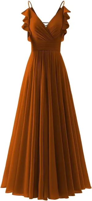 CWOAPO V Neck Bridesmaid Dresses for Wedding 2025 Long Chiffon Spaghetti Straps Formal Dress Ruffles A Line Evening Gowns