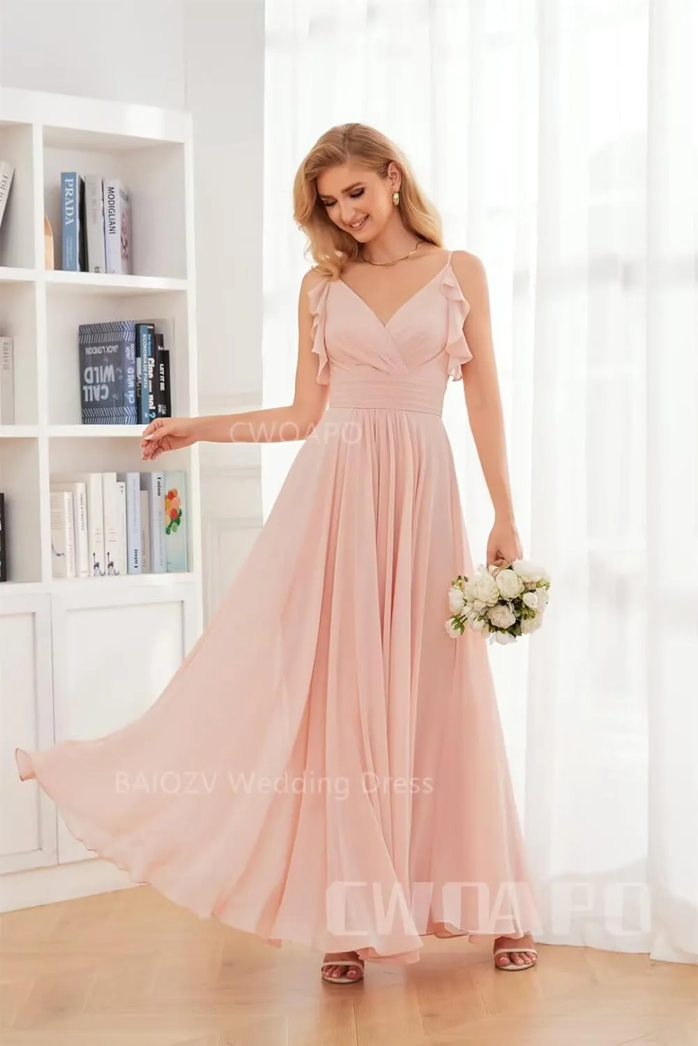 CWOAPO V Neck Bridesmaid Dresses for Wedding 2025 Long Chiffon Spaghetti Straps Formal Dress Ruffles A Line Evening Gowns