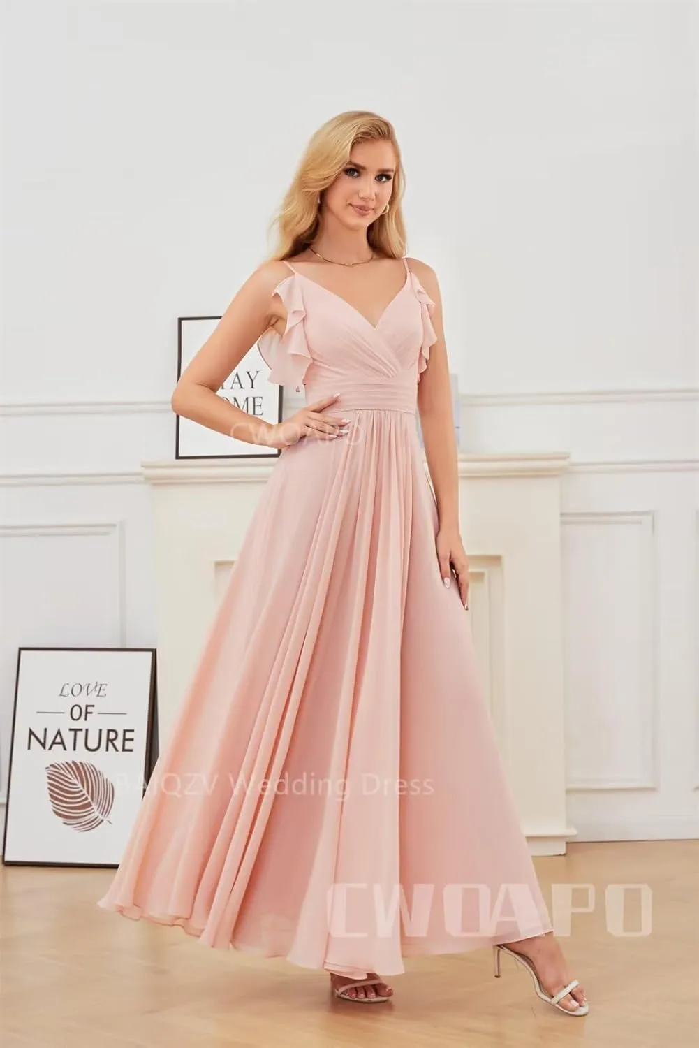 CWOAPO V Neck Bridesmaid Dresses for Wedding 2025 Long Chiffon Spaghetti Straps Formal Dress Ruffles A Line Evening Gowns