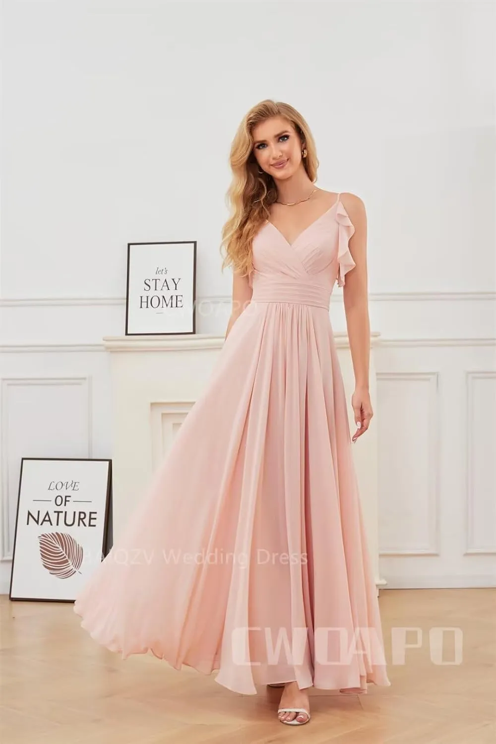 CWOAPO V Neck Bridesmaid Dresses for Wedding 2025 Long Chiffon Spaghetti Straps Formal Dress Ruffles A Line Evening Gowns