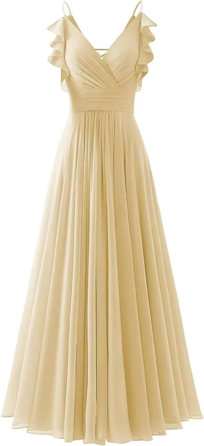 CWOAPO V Neck Bridesmaid Dresses for Wedding 2025 Long Chiffon Spaghetti Straps Formal Dress Ruffles A Line Evening Gowns