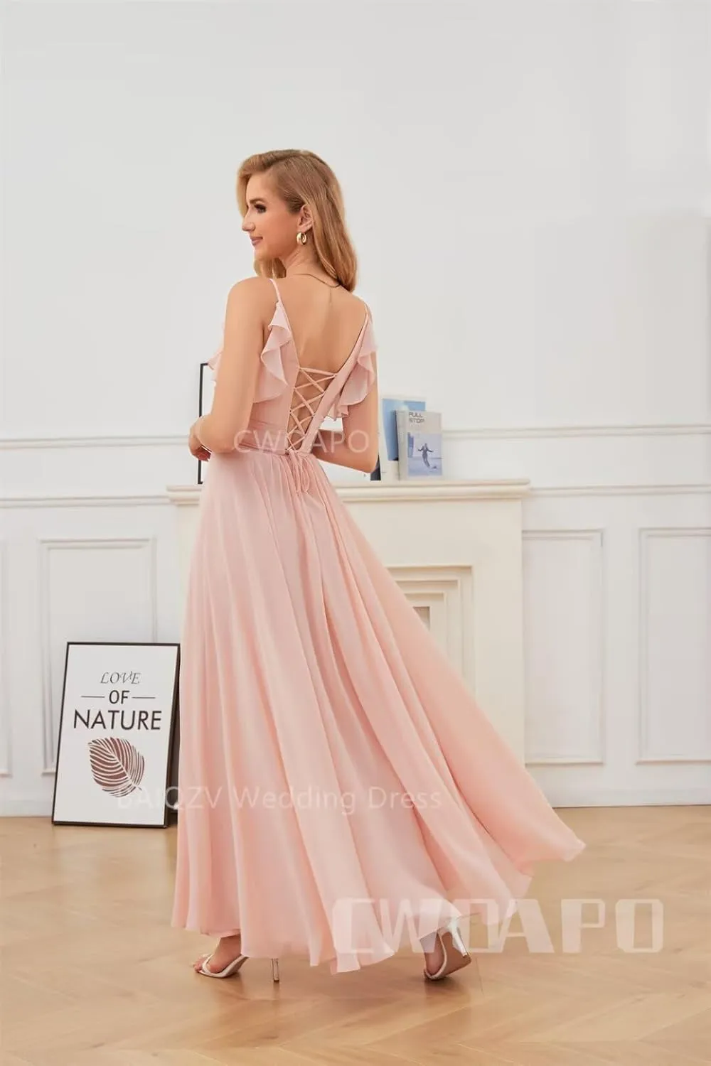 CWOAPO V Neck Bridesmaid Dresses for Wedding 2025 Long Chiffon Spaghetti Straps Formal Dress Ruffles A Line Evening Gowns