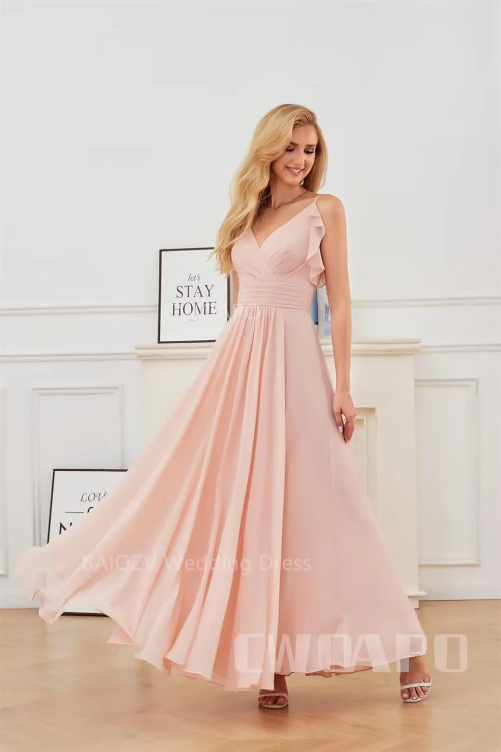 CWOAPO V Neck Bridesmaid Dresses for Wedding 2025 Long Chiffon Spaghetti Straps Formal Dress Ruffles A Line Evening Gowns