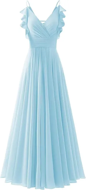 CWOAPO V Neck Bridesmaid Dresses for Wedding 2025 Long Chiffon Spaghetti Straps Formal Dress Ruffles A Line Evening Gowns