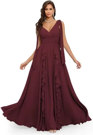 CWOAPO V Neck Ruffles Bridesmaid Dresses for Women Chiffon Long Ruched Formal Evening Party Gowns for Wedding Guest