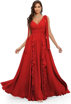 CWOAPO V Neck Ruffles Bridesmaid Dresses for Women Chiffon Long Ruched Formal Evening Party Gowns for Wedding Guest