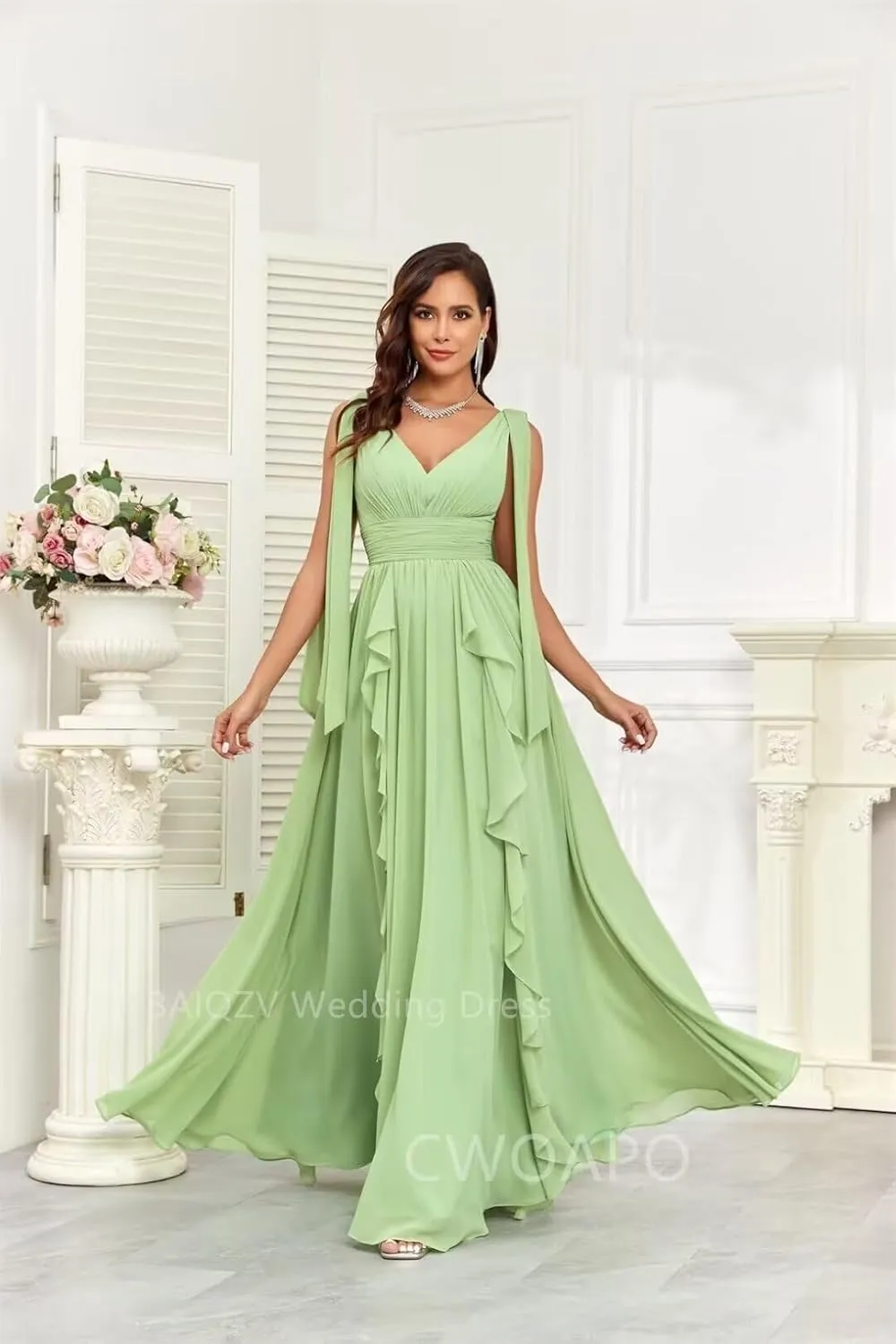 CWOAPO V Neck Ruffles Bridesmaid Dresses for Women Chiffon Long Ruched Formal Evening Party Gowns for Wedding Guest