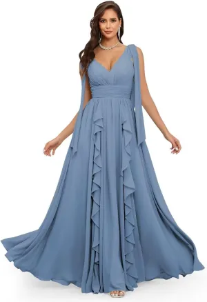 CWOAPO V Neck Ruffles Bridesmaid Dresses for Women Chiffon Long Ruched Formal Evening Party Gowns for Wedding Guest