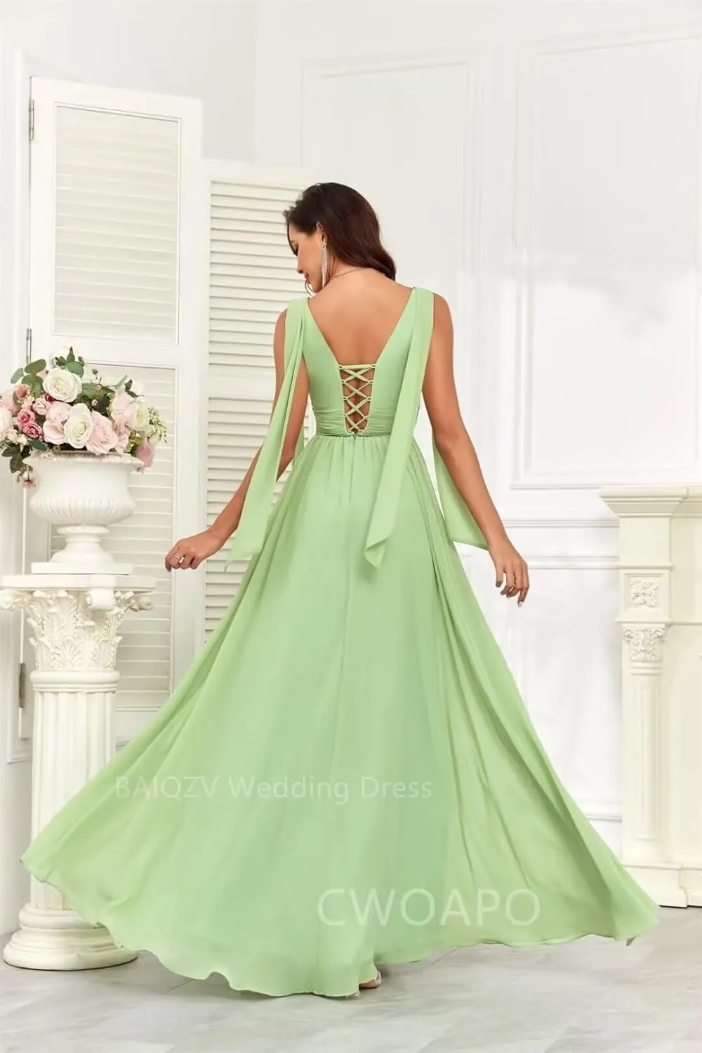 CWOAPO V Neck Ruffles Bridesmaid Dresses for Women Chiffon Long Ruched Formal Evening Party Gowns for Wedding Guest