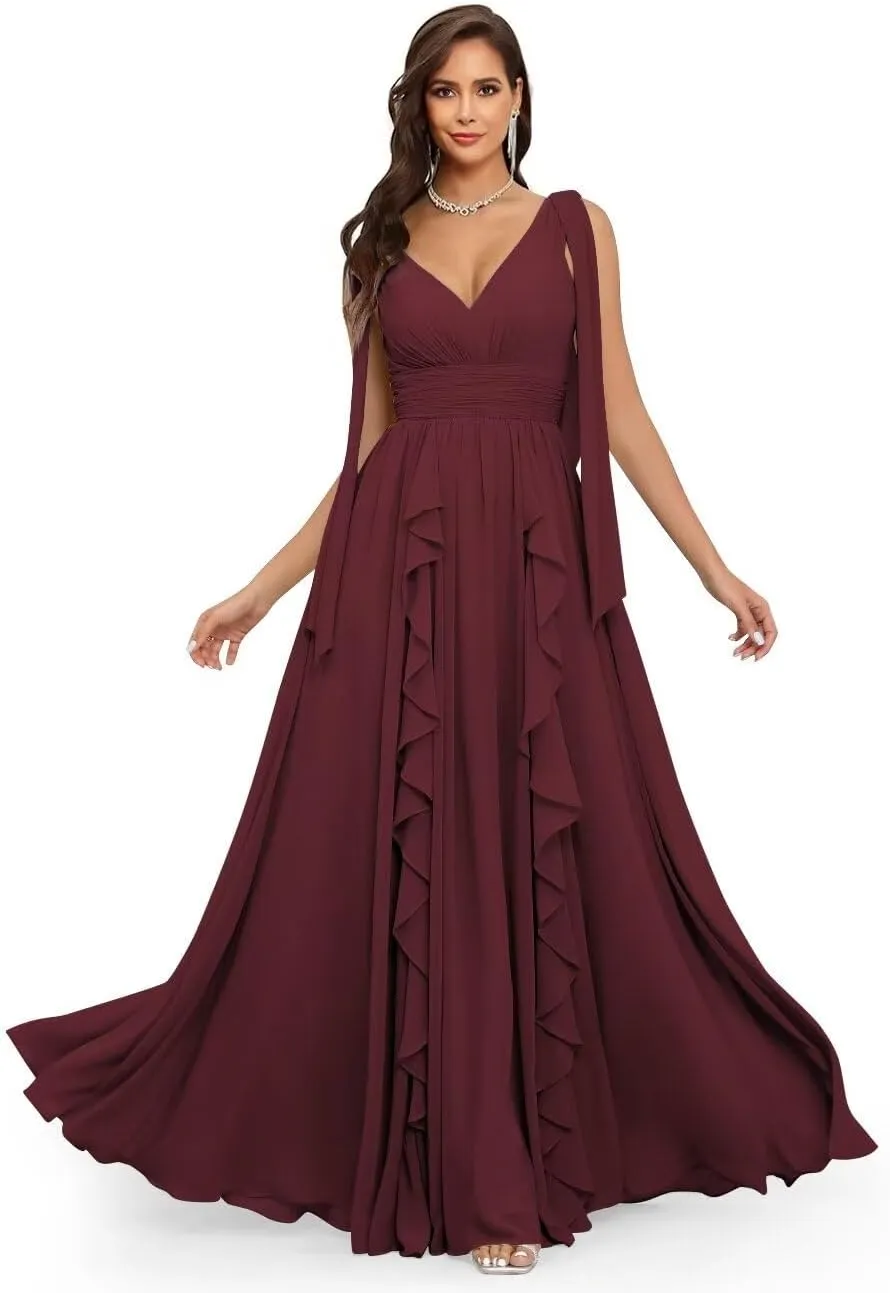 CWOAPO V Neck Ruffles Bridesmaid Dresses for Women Chiffon Long Ruched Formal Evening Party Gowns for Wedding Guest